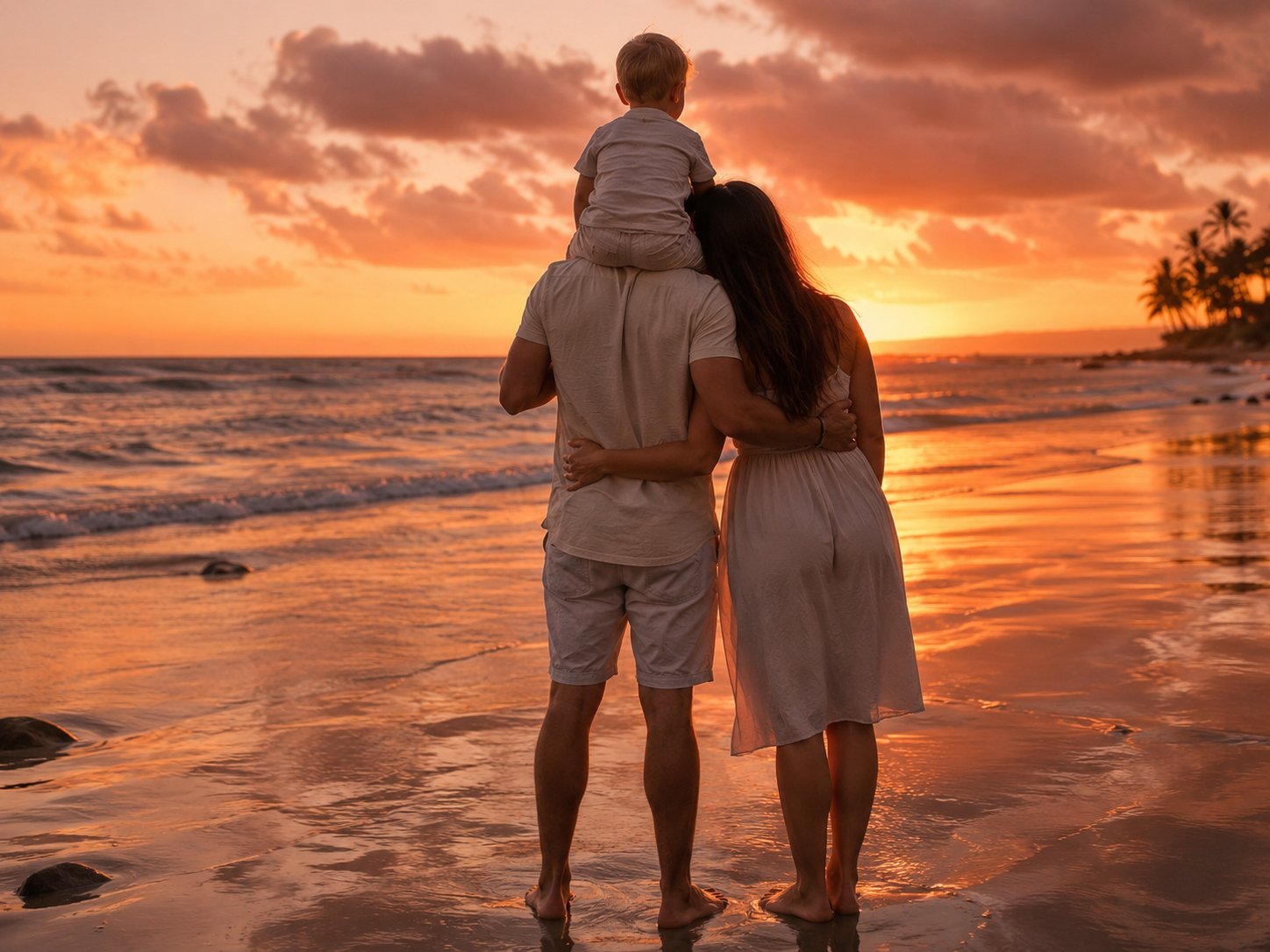 Family on the beach at sunset